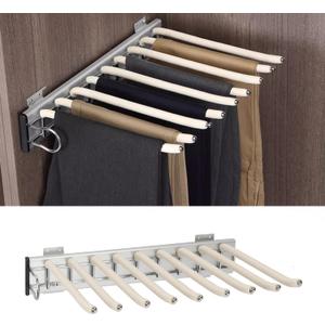 mopam Pull Out Trousers Rack 9 Arms Retractable Closet Pants Hanger Side Mounted Space Saving Trouser Hanger Rack, Left Side Installation, Beige