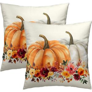 Kawani Orange White Pumpkin Flower Leaf Throw Pillow Cover 18x18 Inch Pack of 2 Fall Thanksgiving Cushion Pillow Case Square Autumn Flowers Pillowcase for Party Bed Sofa Home Car Bedroom Outdoor