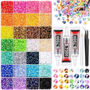 36000Pcs Resin Rhinestones with Tweezers for Bedazzling, Multicolor 3mm Crystal with 3Pcs 10ml B7000 Jewelry Glue for Bedazzled Nail Art Crafting Makeup (X-Large Pack + 3Pcs Glue)