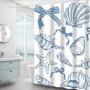 Blue Cute Beach Shower Curtain, Blue Ocean Beach Seashell Starfish Themed Bathroom Waterproof Fabric Coastal Summer Girly Shower Curtain Set with Hooks for Bathroom Decor 72x72 Inch
