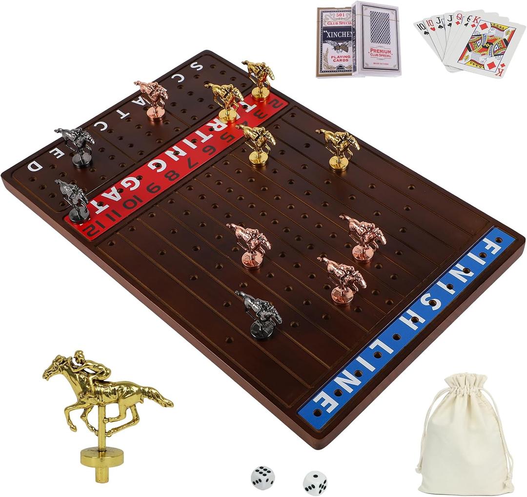 Horse Race Board Game with 11 Luxurious Durable Classic Metal Horses with 4 Dice and 2 Boxes of Cards Thickened Solid Wood Horse Racing Game (Walnut ColorRectangle)