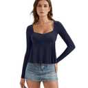 OMKAGI Cute Peplum Babydoll Tops for Women Going Out Double Layer Long Sleeve Shirts(S,435-Navy Blue) (Blue, S)