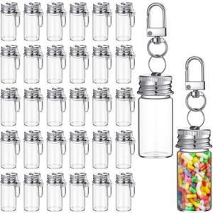 Weysat 36 Pcs 10ml Small Glass Bottle Keychain Bulk Mini Seasoning Bottles Keychain with Aluminum Lid Tiny Glass Wishing Jars Message Potion Bottles for DIY Wedding Favors Home Crafts Travel Gifts