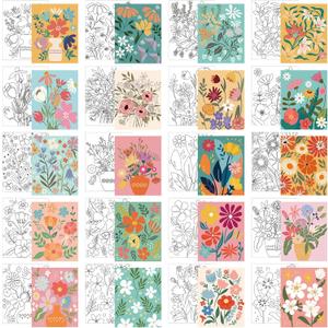 Sherr 20 Pcs Stretched Pre Drawn Canvas Afro Queen Black Art for Painting for Adults Outline Pre Drawn Stretched Cotton Canvas to Paint Party Set, 8 x 10''(Floral)