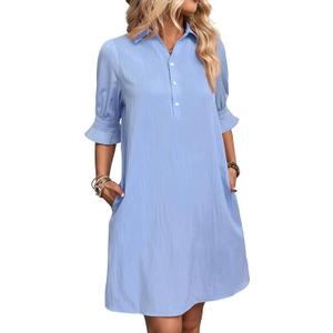 FENSACE Womens Casual Shirt Dress Ruffle Sleeve Button Down Shift Summer Dresses with Pockets (Blue, M)