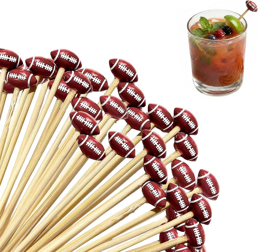 100 Pcs 3D Football Toothpicks, Cocktail Picks, Football Sport Party Decor Picks, Food Fruit Accessories for Party, Long Bamboo Toothpicks Cocktail Decorations Supplies
