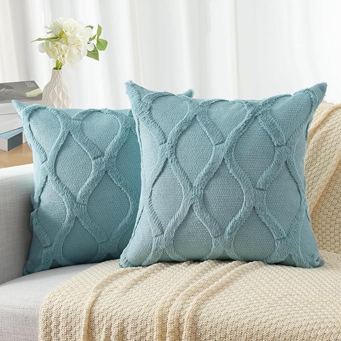 decorUhome Summer Throw Pillow Covers 18x18 Inch Set of 2, Soft Plush Faux Fur Wool Aqua Accent Couch Pillow Covers for Modern Farmhouse Bed Sofa Living Room