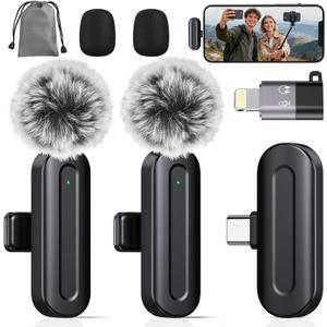 PQRQP Wireless Mini Microphone for iPhone/iPad/Android: 2 Pack Lavalier Microphone for Video Recording, High-Fidelity Audio iPhone Mic with USB-C for Content Creators(Graphite Black)