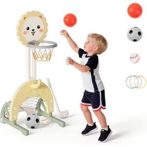 4-in-1 Toddler Basketball Hoop Indoor Adjustable Height Outdoor Sports Center for Kids Basketball, Soccer, Hockey & Ring Toss, Yellow and Green
