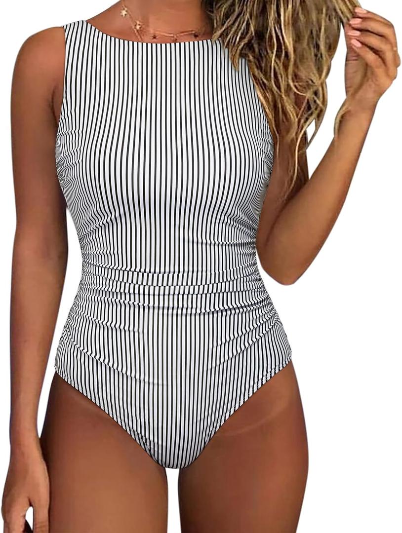 SUUKSESS Women One Piece Ruched Swimsuit Tummy Control Backless Bathing Suit (Small, 097white Black Striped)