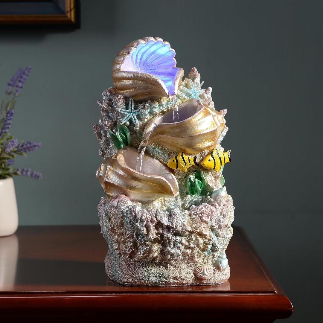GOSSI Themed Coral Shell Fountain Tabletop Home Dcor Indoor Desktop Fountains Perfect for Zen Waterfall Meditation Waterfall Decor Fountain with LED Lights(23037)