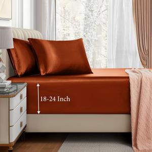 VACVELT 3pcs Extra Deep Pocket Satin Fitted Sheet Set Full Bed Set, Burnt Orange Bottom Sheet Fit 18-24 Inch Deep Pocket Mattress, Silky Bedding Set Soft & Ultra Deep Fitted Sheet & 2 Pillowcase
