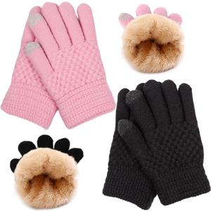 Kids Gloves Winter Knitted Warm Gloves with Fleece Lining Cold-Weather Gift for Boys Girls 5-10 Years (Black+pink)