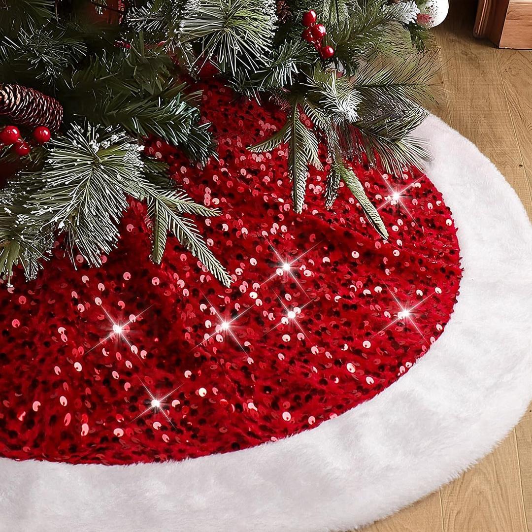 USILAND Christmas Tree Skirt, 48 Inches, Sparkling Red Sequin with White Faux Fur, for Xmas Holiday Home Decorations Christmas Decor (48 Inches)