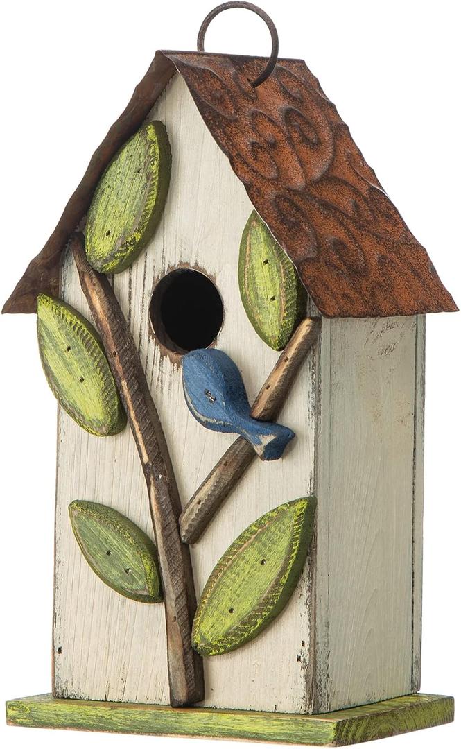 Glitzhome 9.7" H Hanging Birdhouse for Outdoor Patio Garden Decorative Pet Cottage Wooden Distressed Birdhouse, Leaves Rustic White