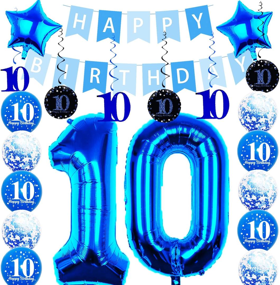 10th Birthday Party Decorations for Boys Girls Comprise Balloons with Swirl Decorations, Happy Birthday Banner,32 Inch 10 Numbers and Star Foil Balloons in Blue