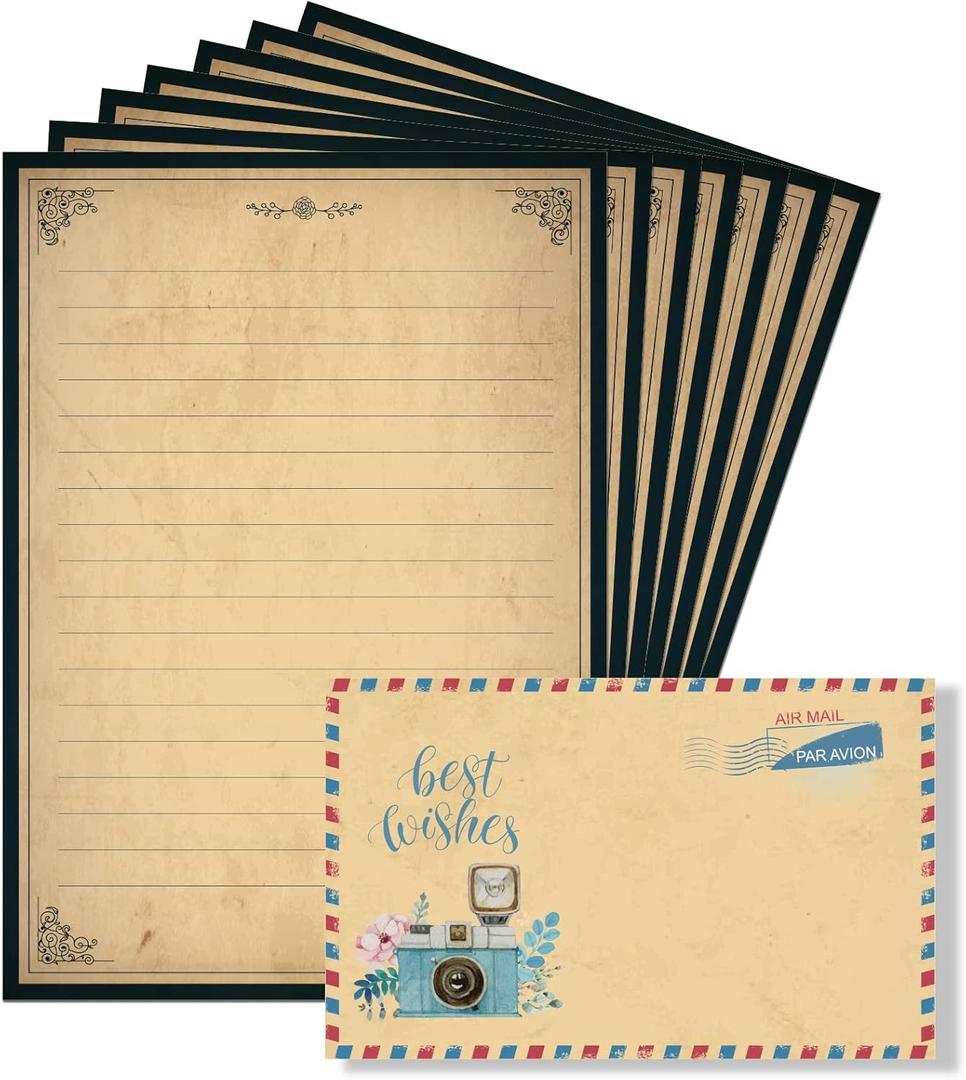 Lined Vintage Stationary Paper, Old Fashion Stationary Paper and Envelopes Set, 48 Sheets + 24 Envelopes Letter Writing Stationery Set for All Occasion, 7.3 x 10.2 Inch