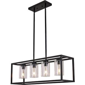 XILICON Black Dining Room Chandeliers Lighting Fixture Linear Pendant Modern 4-Light with Glass Shades Vintage Farmhouse Ceiling Light Hanging for Kitchen Island Cafe Bar