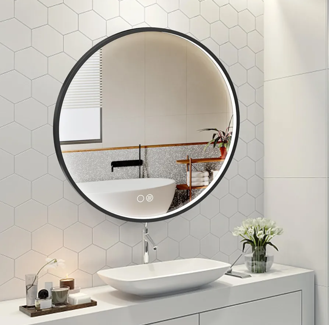 boldmonkey Black Round LED Mirror for Bathroom, 32 Inch Frame Circle Mirror with Light, Stepless Dimmable Vanity Mirrors for Wall, Anti Fog, Memory, Shatterproof