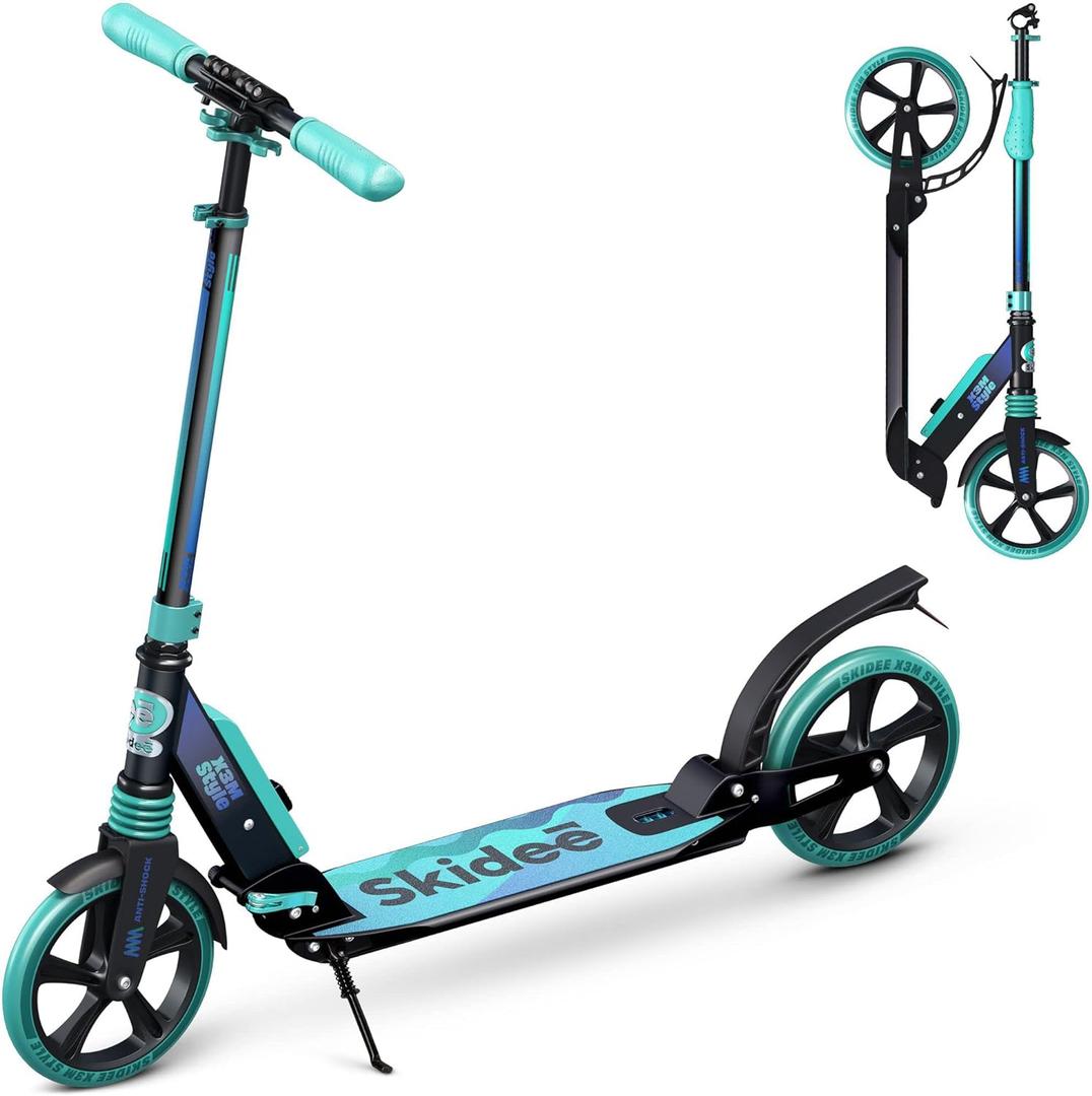 Skidee Adult & Teen Scooter Adjustable Height, Folding, Large Wheels, Lightweight, Durable, Anti-Shock Suspension, Up to 220 lbs (Aqua)
