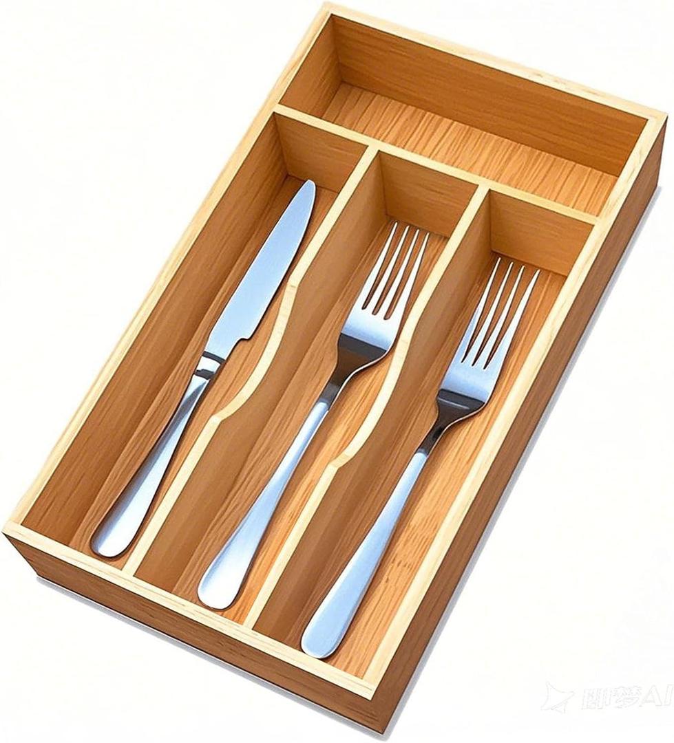 guiogc Bamboo Kitchen Drawer Silverware Organizer, 7 Inch Silverware Utensils Tray Holder for Small Drawer, Wood Caddy for Flatware Cutlery Knives 4-Slots