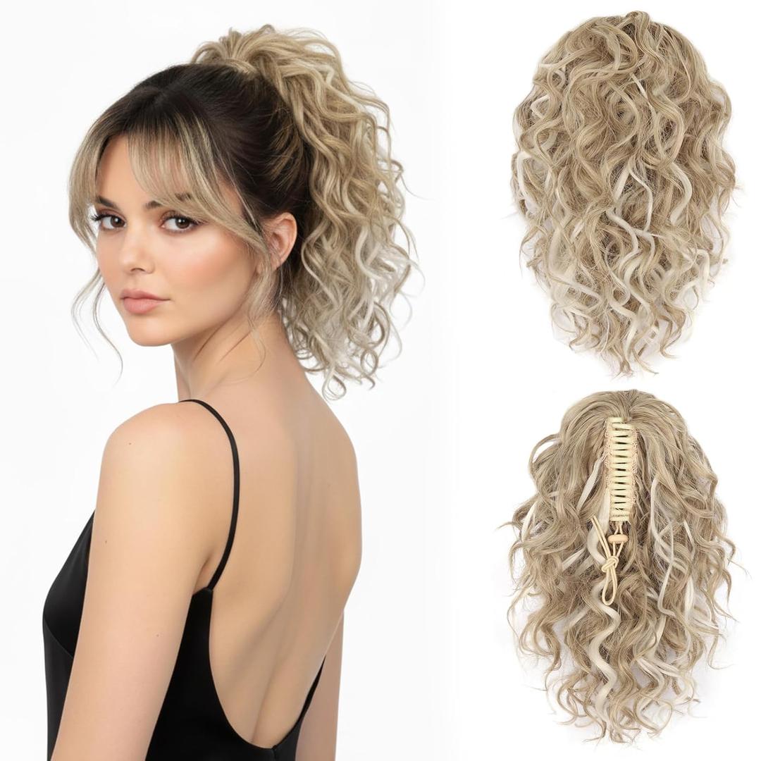 Clip on Ponytails for Women - 12 Inch Curly Ponytail Extension, Curly Pony Tails Hair Extensions, Synthetic Clip in Ponytail Hair Extensions (Color: Ash Blonde with White Highlights)