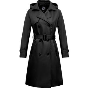 Garemcy Women's Long Waterproof Trench Coat Double Breasted Classic Lapel Coat Belted with Detachable Hood (Medium, Black)