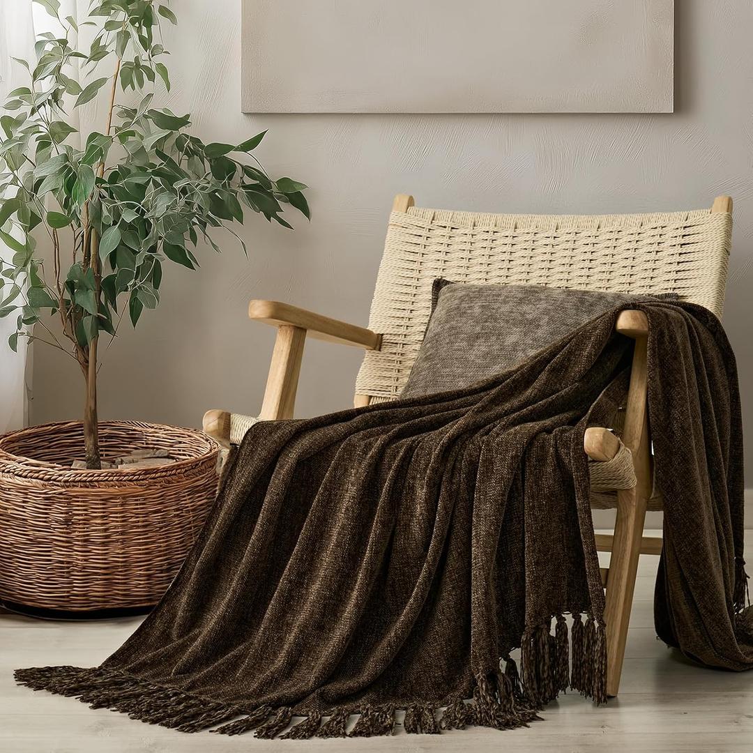 EverGrace Soft Chenille Throw Blanket for Couch, Cozy Plush Fuzzy Decorative Chenille Knit Throw Blanket with Tassels, Lightweight Blanket and Throws for Bed Sofa Gift Home Decor, Dark Brown 50"x60"