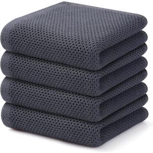 Kitinjoy 100% Cotton Waffle Weave Kitchen Towels, 4-Pack Super Soft and Absorbent Dish Towels for Drying Dishes, Kitchen Hand Towels, 13 in x 28 in, Dark Grey