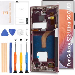 AMOLED for Samsung Galaxy S22 Ultra 5G S908 (Fingerprint Support/Not OEM 6.8) +Burgundy Frame LCD Screen Display Replacement Touch Digitizer Assembly Kit
