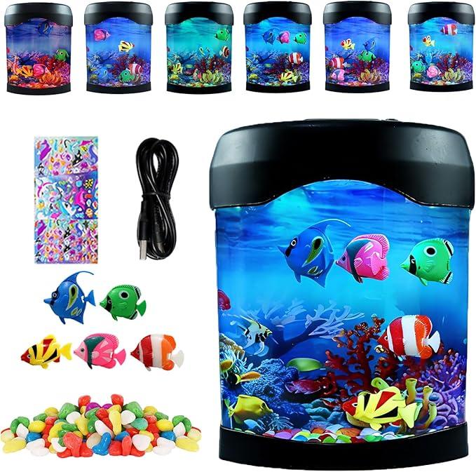 Toycol Fake Fish Lamp, Nightly Lifelike Desk Electric Mood Light, LED Light Tank with 6 Color Changing and (5 Fake Fish) Mini Aquarium for Home Office Deco Adults,Gifts for Kids and Adults