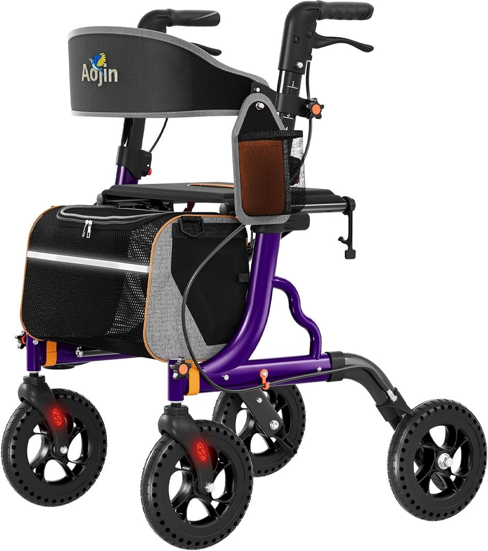 Aojin Rollator Walker for Seniors with Seat, Lightweight & Foldable, 8" All-Terrain Wheels, 18" Big Seat, 6-Level Adjustable Height Rolling Walker, 350 lb Capacity, Purple
