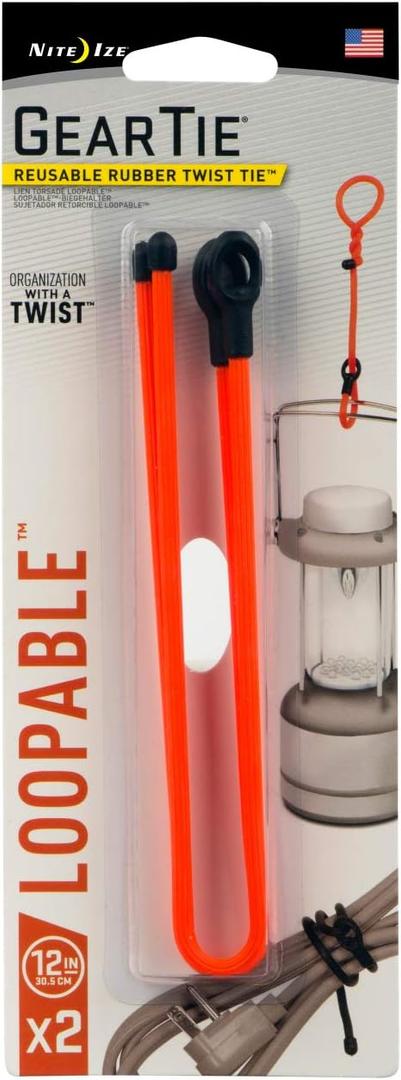 Nite Ize Gear Tie Loopable, The Original Reusable Rubber Twist Tie With Sturdy Integrated Loop, 12-Inch, Bright Orange, 2 Pack, Made in the USA