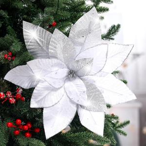 Cinnvoice 4 Pcs 16'' Silver Poinsettia Flowers Christmas Artificial Extra Large Velvet Christmas Flowers Glitter Poinsettias Flower Picks Ornaments Floral Stems for Xmas Tree Decoration Wreath Garland