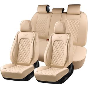 Coverado Full Set Leather Car Seat Covers, Waterproof Faux Leather Seat Covers, Beige Car Seat Protectors, 5 Seats, Universal Fit for Most Cars & SUVs-Beige