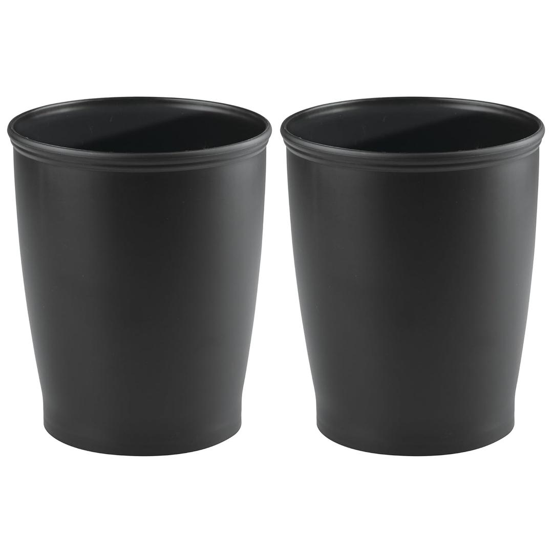 iDesign Round Bathroom Trash Can, Plastic Bathroom or Office Trash Can, Set of 2, Black, Made in USA