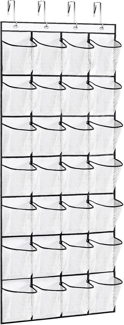 VOPTON 28Large Pockets Over The Door Shoe Organizer, Hanging Shoe Organizer for Closet, Premium Clear Shoe Rack for Door, Shoes Hanger Organizers Storage Holder for Back of Door and 4Metal Hook White