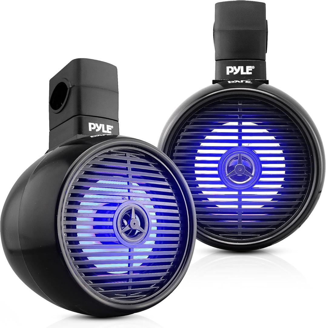 Pyle Bluetooth Waterproof Off-Road Speakers - 8 300W 2-Way Marine Wakeboard Tower Sound System w/LED Light, Full Range Outdoor Stereo Speaker for Car ATV UTV, Jeep, Boat, Includes Brackets (Black)