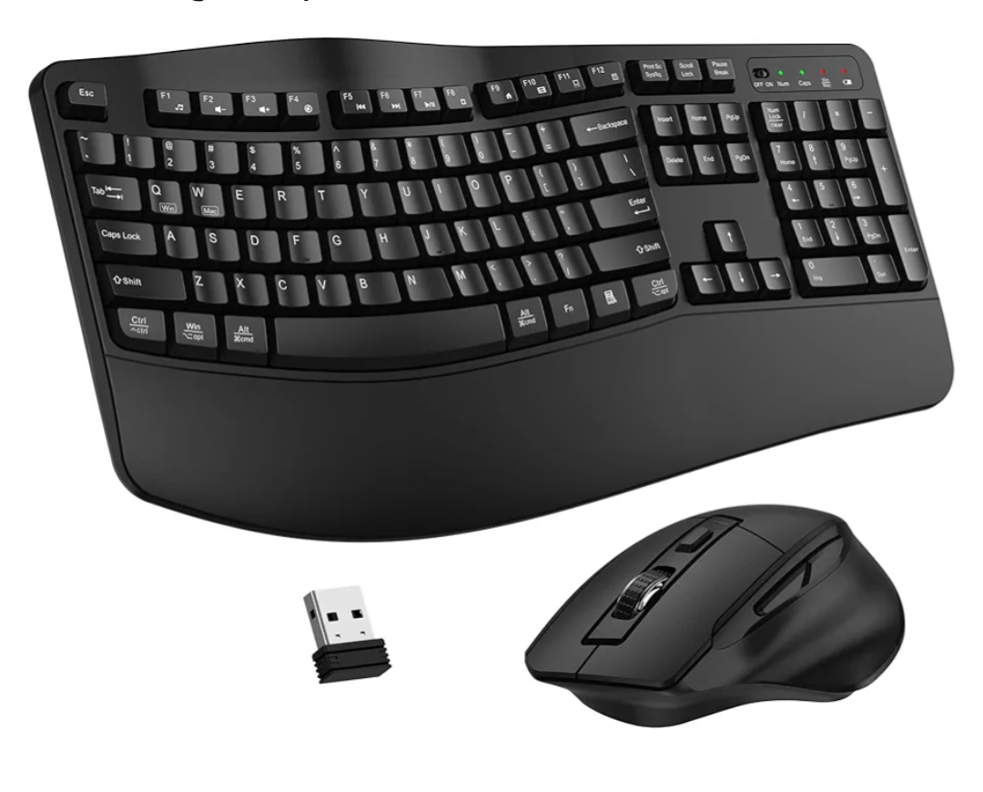 Wireless Keyboard and Mouse Combo, 2.4G Full Size Wave Keys Ergonomic Keyboard with Wrist Rest and 3-Level DPI Adjustable Wireless Ergonomic Mouse for Windows, Mac OS Desktop/Laptop/PC(Black)