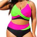Plus Size Two Piece Swimsuit - Women High Waisted Bikini Set Tummy Control Bathing Suits (Green Pink Black,  22 Plus)