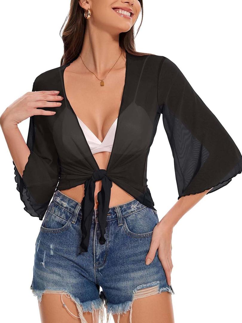 Women's Short Cardigan Bolero Shrug Sheer Tie Front Top 3/ 4 Sleeve Jacket for Dress (Black, S)