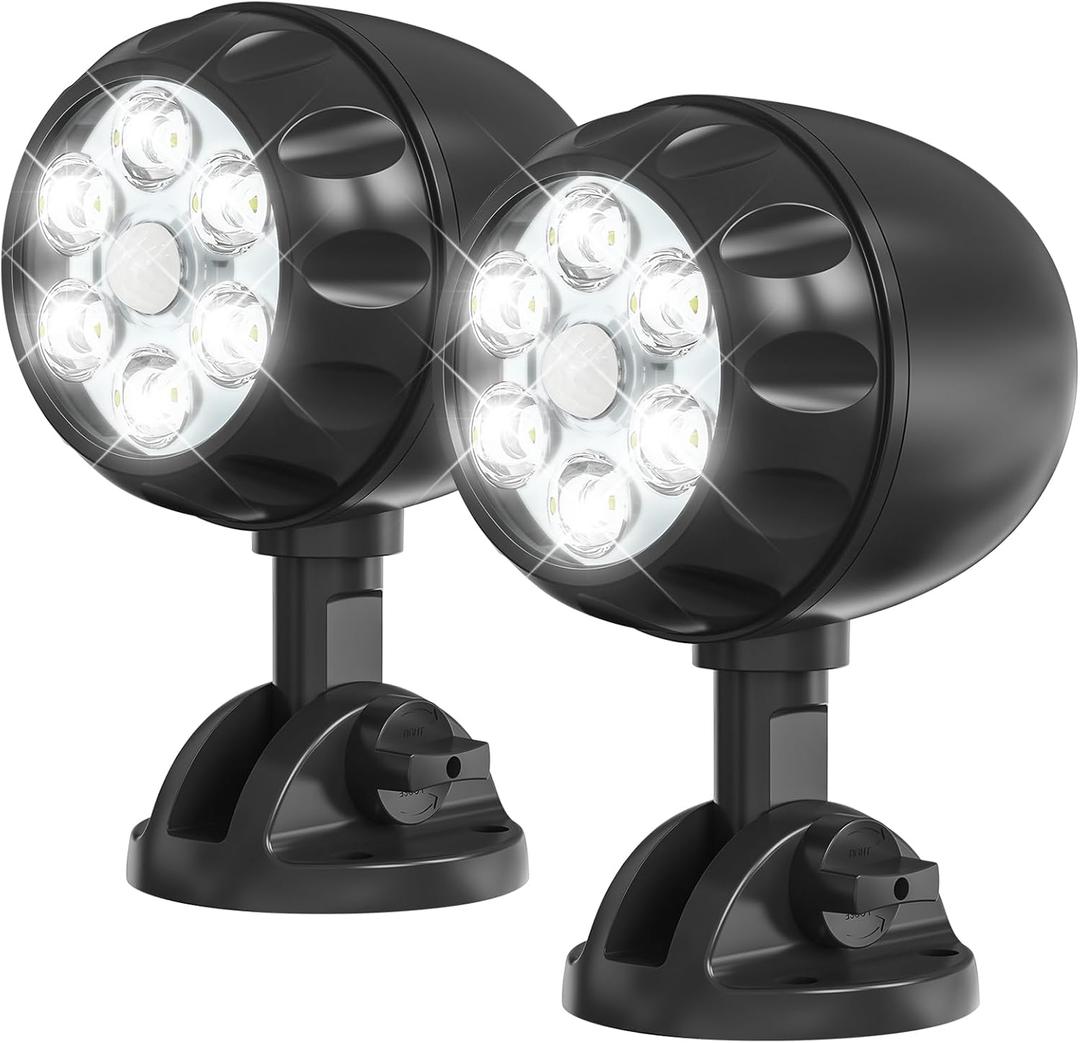 Led Motion Sensor Light Battery Operated, IP65 Waterproof Ultra Bright Motion Sensor Outdoor Spotlight Head Adjustable with 8W 600 Lumen 6000K 6LEDs for Garage Yard Porch Patio 2Packs