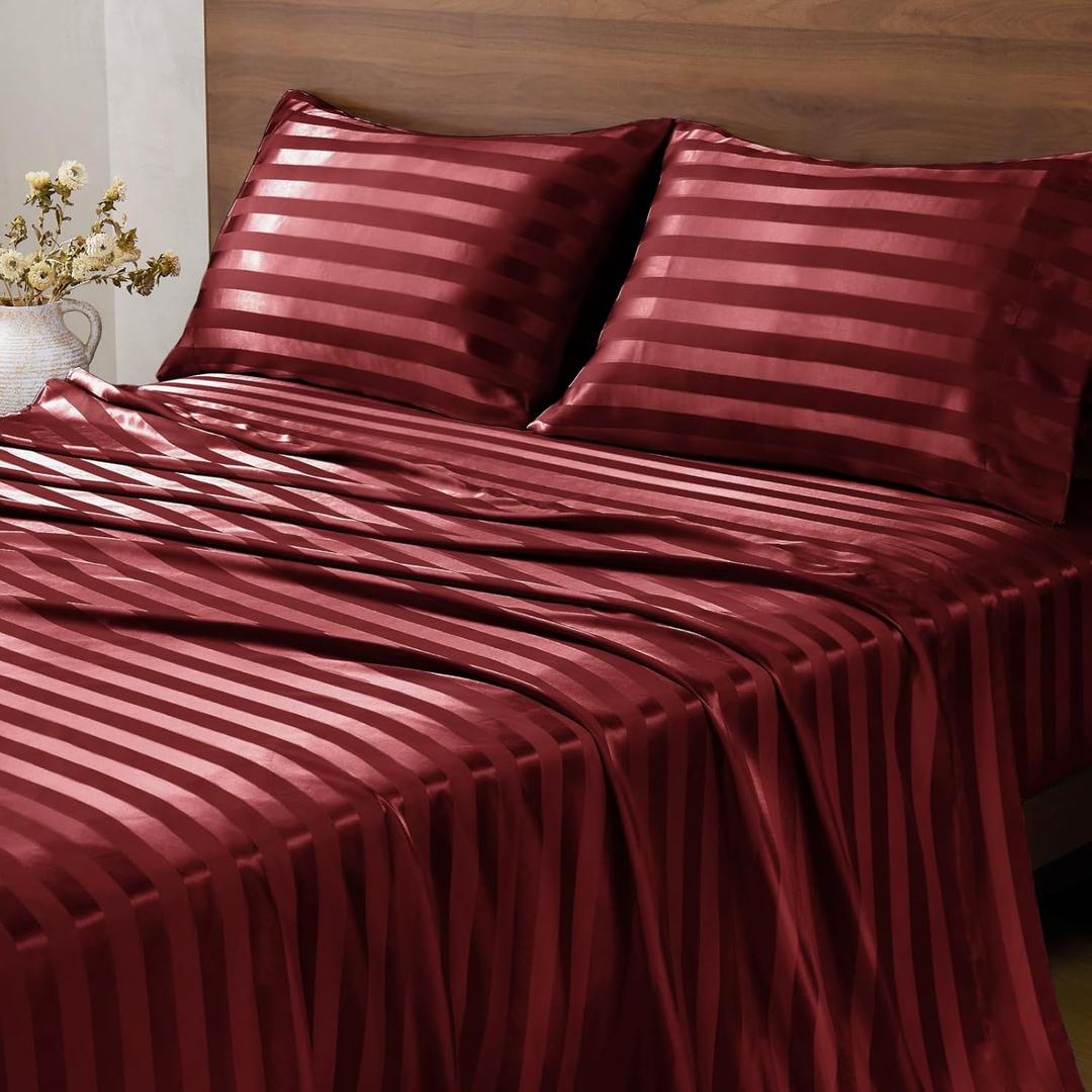 BEDELITE Satin Sheets King Size, Luxury Jacquard Striped Burgundy Bedsheets with Elastic Corner Straps, Similar to Silk Sheets Set 4 PC with 1 Deep Pocket Fitted Sheet, 1 Flat Sheet, & 2 Pillowcases
