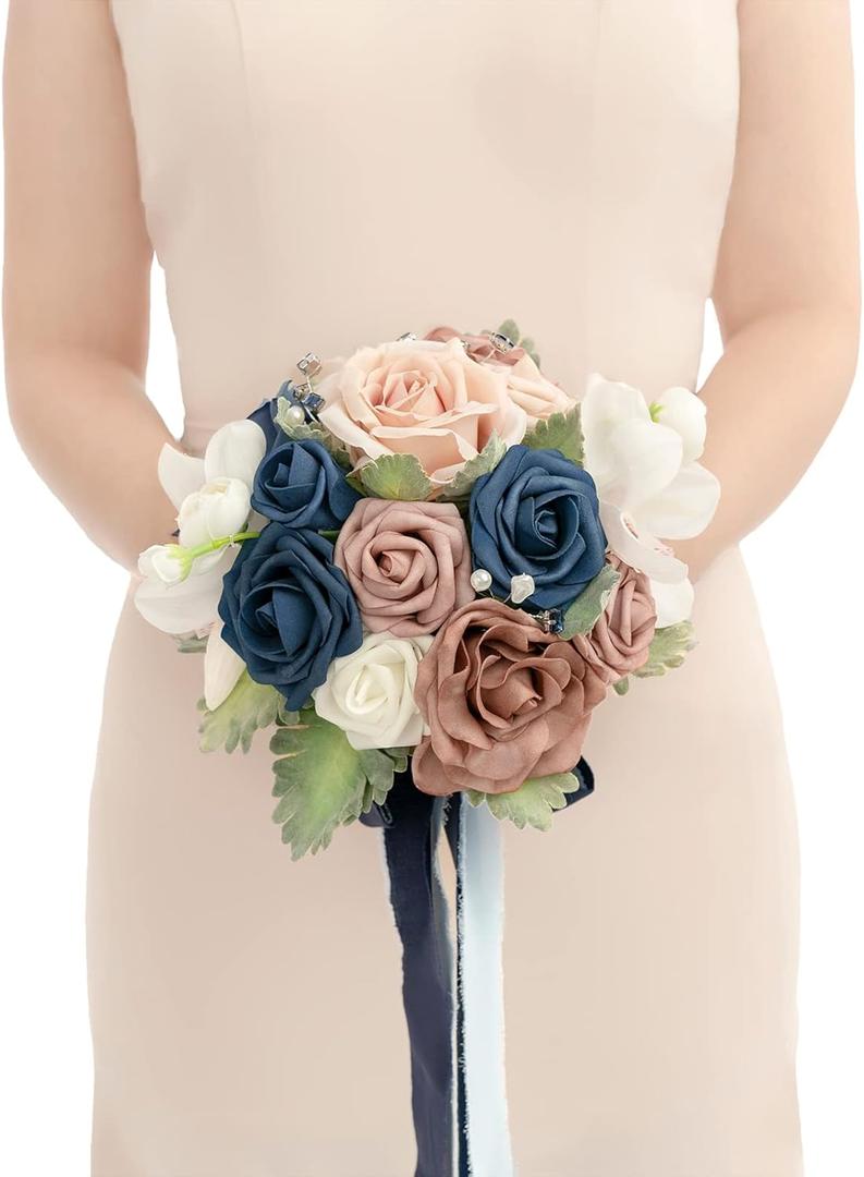 Ling's moment Dusty Rose & Blue Artificial Wedding Flower Bouquets for Bridesmaids Navy Blue Floral Bouquet Blue Bridesmaid Bouquets with Ribbon Ceremony Anniversary,7-inch Diameter
