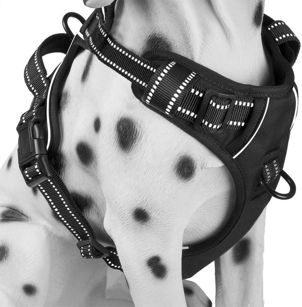 PHOEPET No Pull Dog Harness Medium Reflective Front Clip Vest with Handle,Adjustable 2 Metal Rings 3 Buckles,[Easy to Put on & Take Off](M, Black)