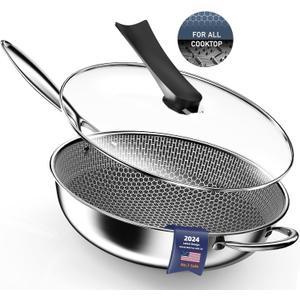 Wok Pan, Hybrid 13-inch Deep Fry Wok with Lid, Nonstick Wok with Stay-Cool Handle, Compatible with All Cooktops Including Induction, Stir Fry Pans Wok with Round Bottom (FN1)