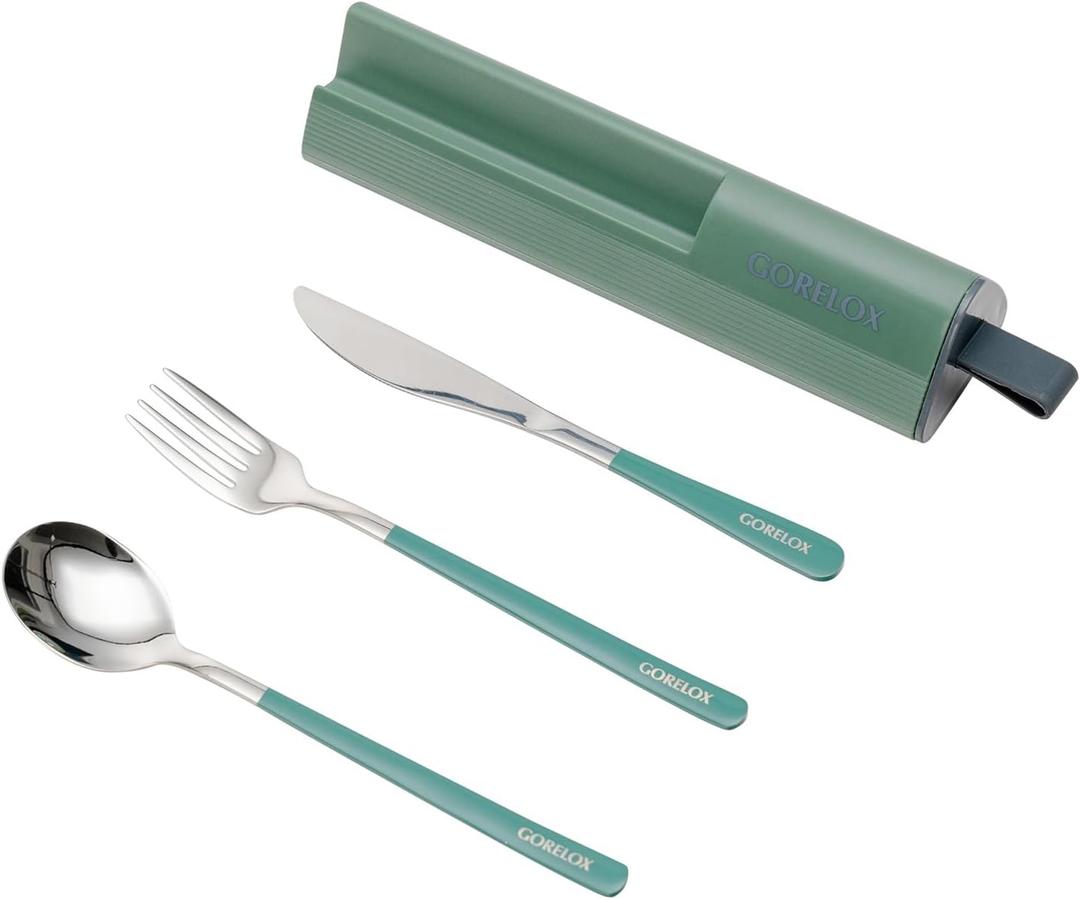 Travel Utensils Set, 4pcs Stainless Steel Reusable Cutlery, Portable Silverware Lunch Box for Camping and Office, Include Fork Spoon Knife with Case (Green)