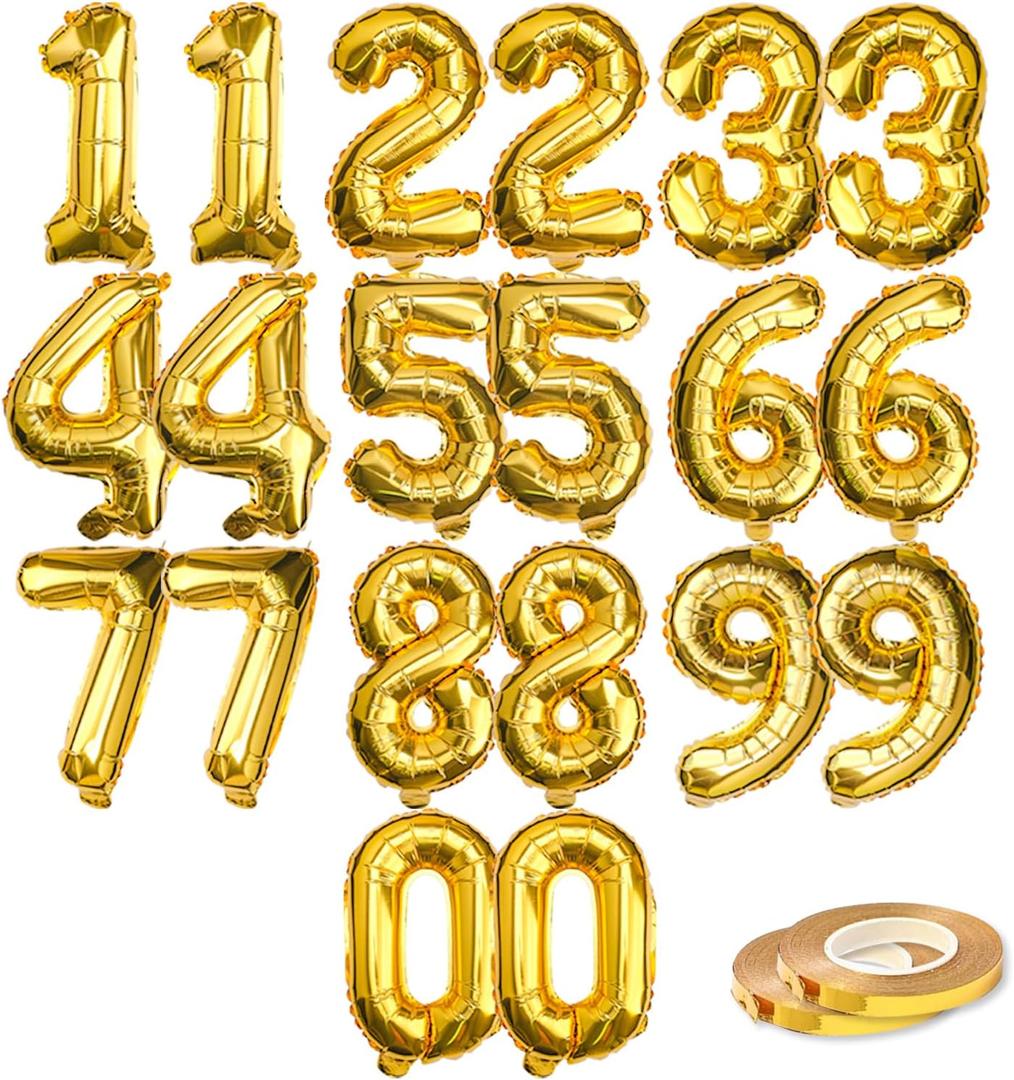 [20 Pcs] 16" Gold Foil Number Balloons (2 sets of 0-9) - Mylar Aluminum Hanging Decorations for Graduation, Birthday, Christmas & New Year's Eve Parties