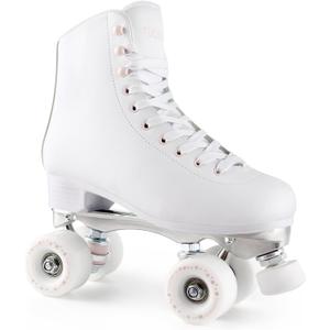 TUOSAMTIN Roller Skates for Women Girls with Height Adjustable Rubber Stoppers Cute Retro Quad Roller Skates for Outdoor and Indoor (9, White)
