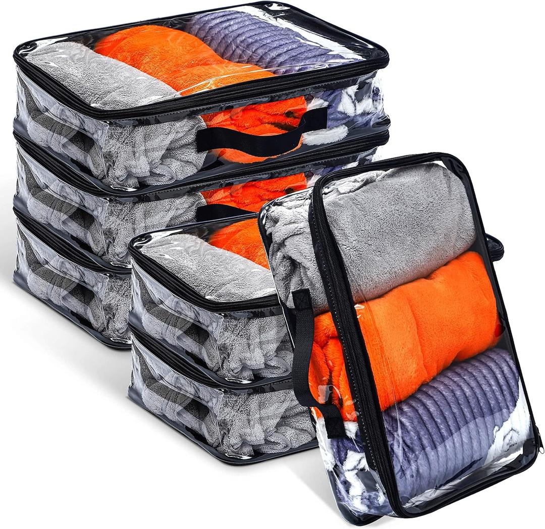 6 Pieces Large Clear Travel Packing Cube Clear Vinyl Zippered Storage Bags See Through Moving Bag PVC Multipurpose Pouch with Handle for Suitcase Shirts Dress Storage (Black, 15.8 x 10.2 x 3.9 Inch)
